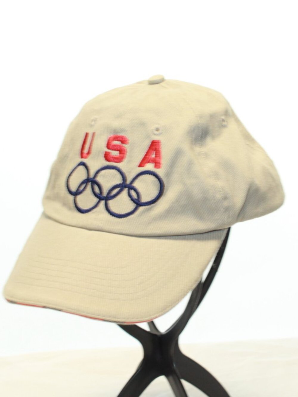 USA Olympic Rings Tan Embroidered Tuck Strap Adjustable Mat Hat 100% Cotton Cap